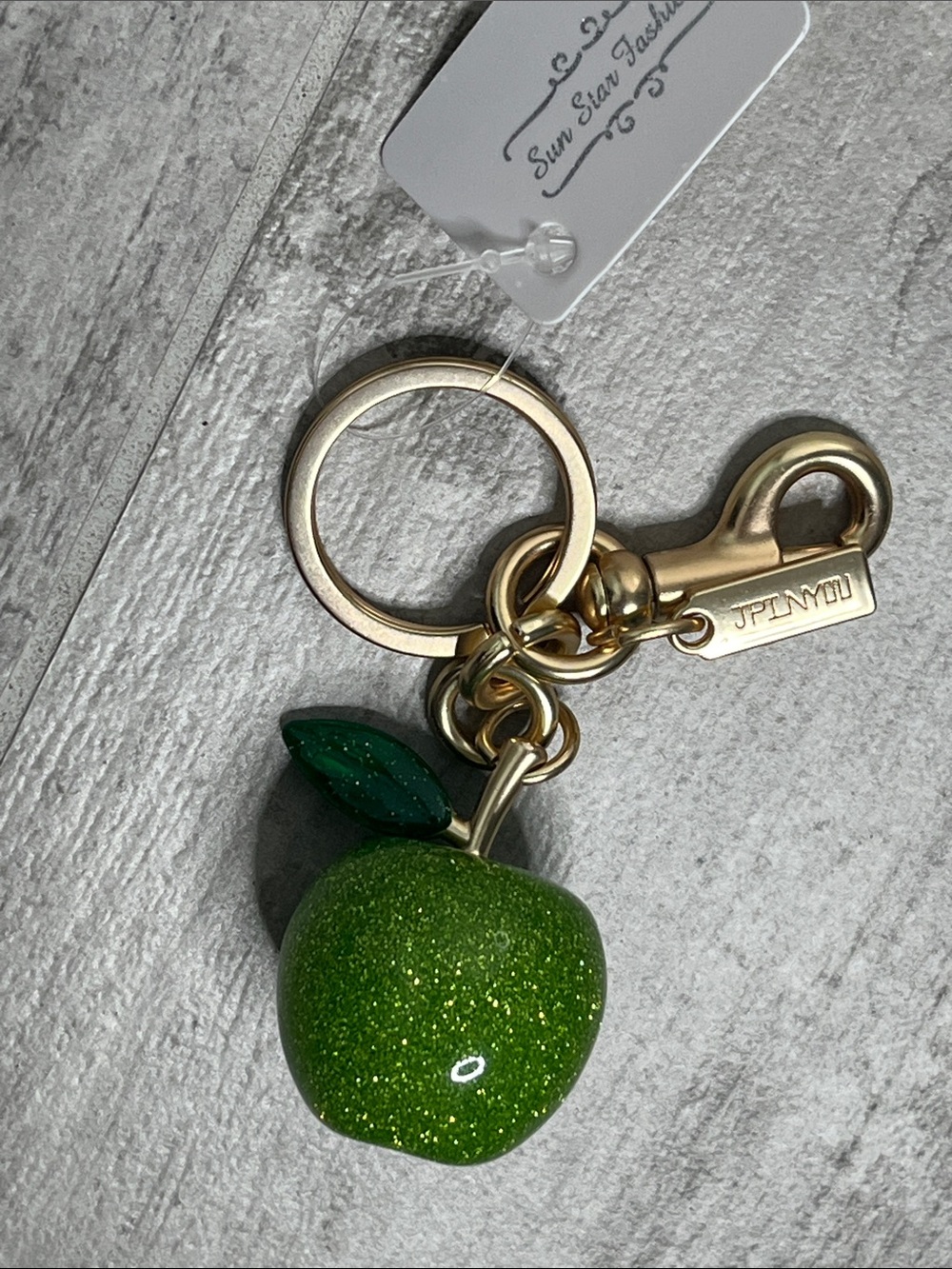 Green Glitter Apple Key & Card Holder Charm with Gold Hardware